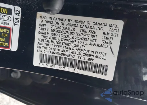 2013 Honda Cr-V Ex-L from USA, damaged, VIN 2HKRM4H76DH639092